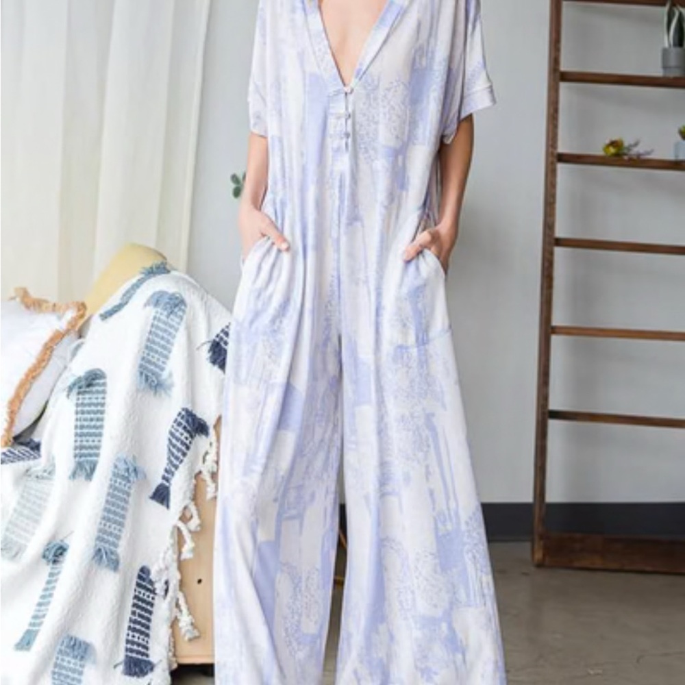 Light Blue Patterned Jumpsuit